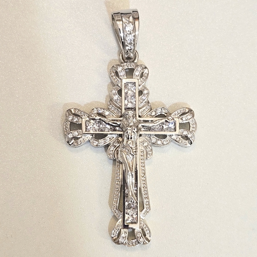 925 PGDA Crucifix Sterling Silver Rhodium Plated CZ Cross 21.6 Grams